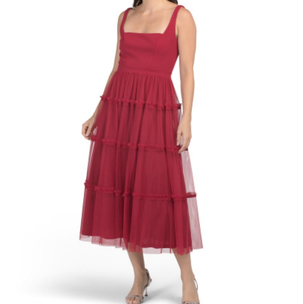 ADRIANNA PAPELL EVENING Red Sleeveless Tiered Fit And Flare Midi Dress Sz 14